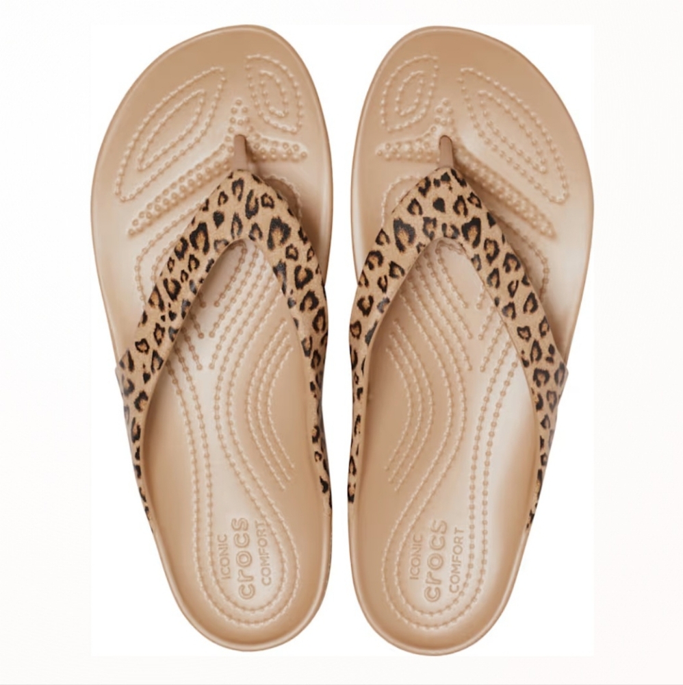 Crocs Women's Leopard Print Flip Flops – Iconic Comfort Sandals SIize 6M
